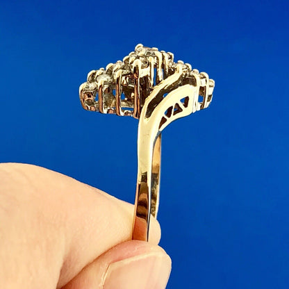 Retro 14K Yellow Gold Diamond Waterfall Cluster Bypass Anniversary Cocktail Ring