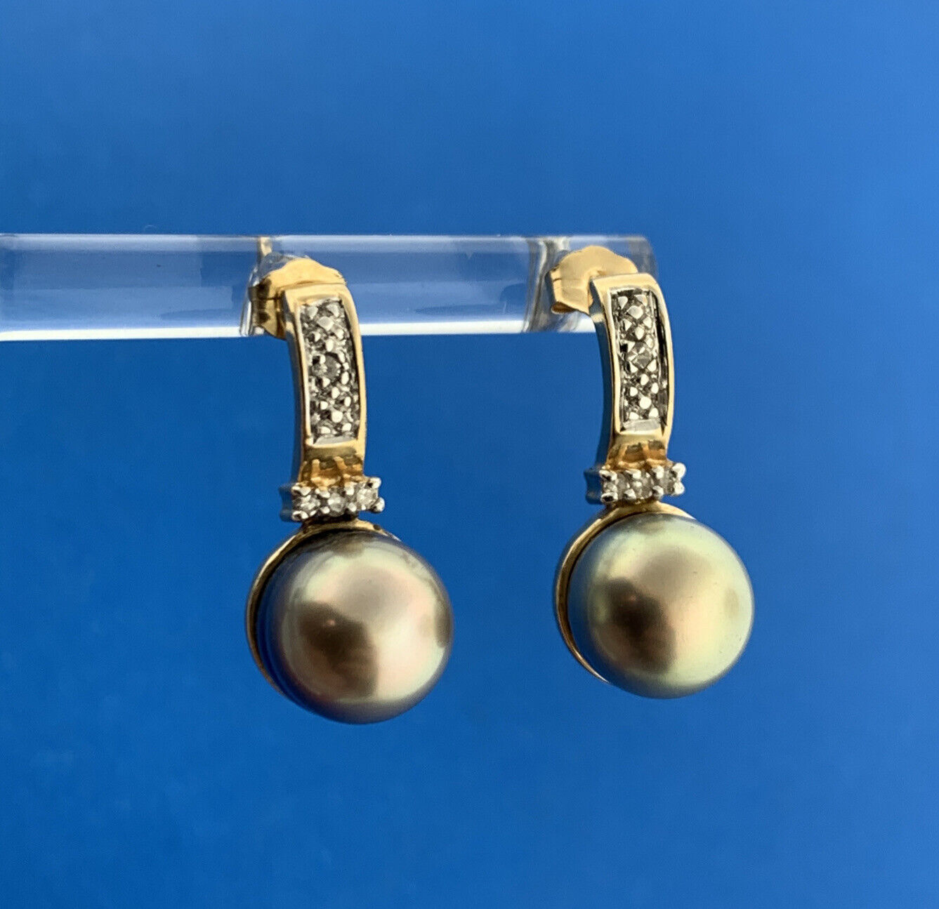 Designer 14k Yellow Gold Gray Pearl Round Diamond Accent Drop Stud Earrings