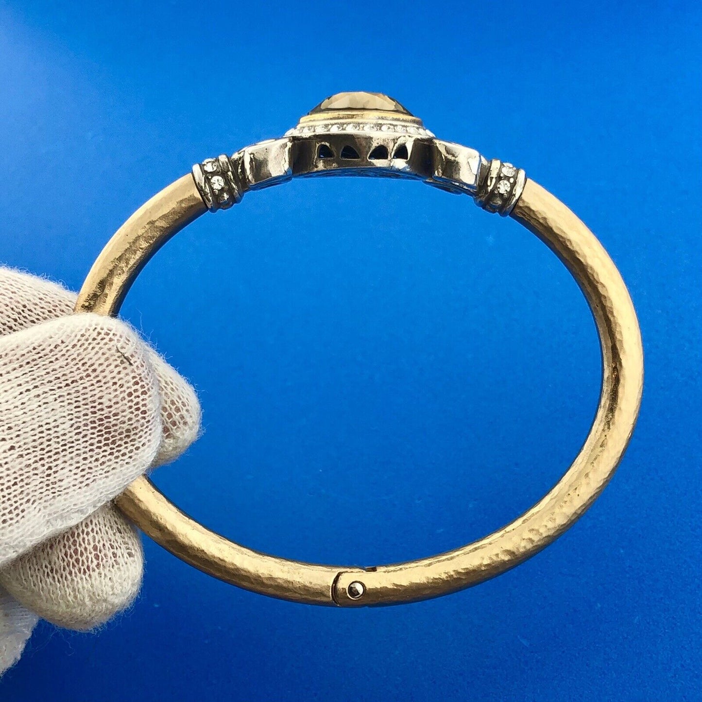 Stunning Silver Plated Smoky Quartz White Rhinestone Hinged Cuff 6.5" Bracelet