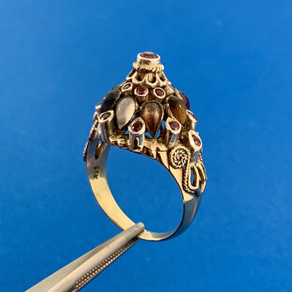 Gorgeous 14k Yellow Gold Round Ruby Multi-Stone Towering Cluster Ring Size 7.5
