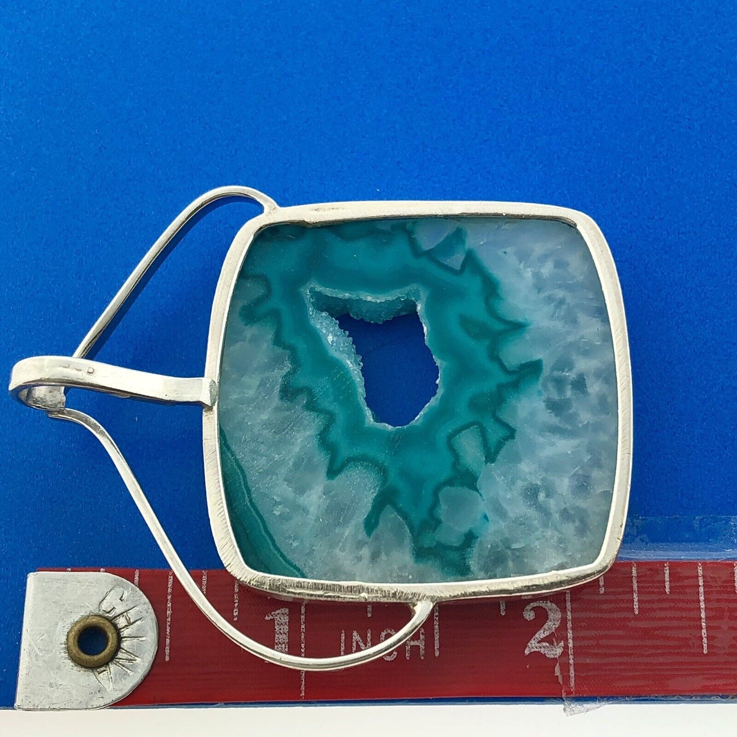 Stunning Sterling Silver 925 Blue Green Druzy Quartz Modernist Statement Pendant