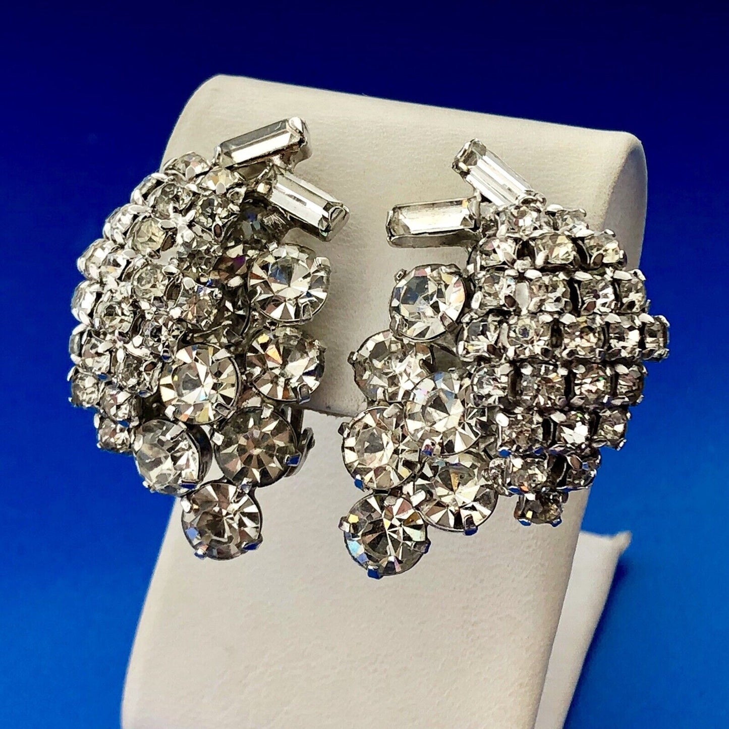 Retro Haute Couture Silver Tone Rhinestone Grape Cluster Statement Clip Earrings