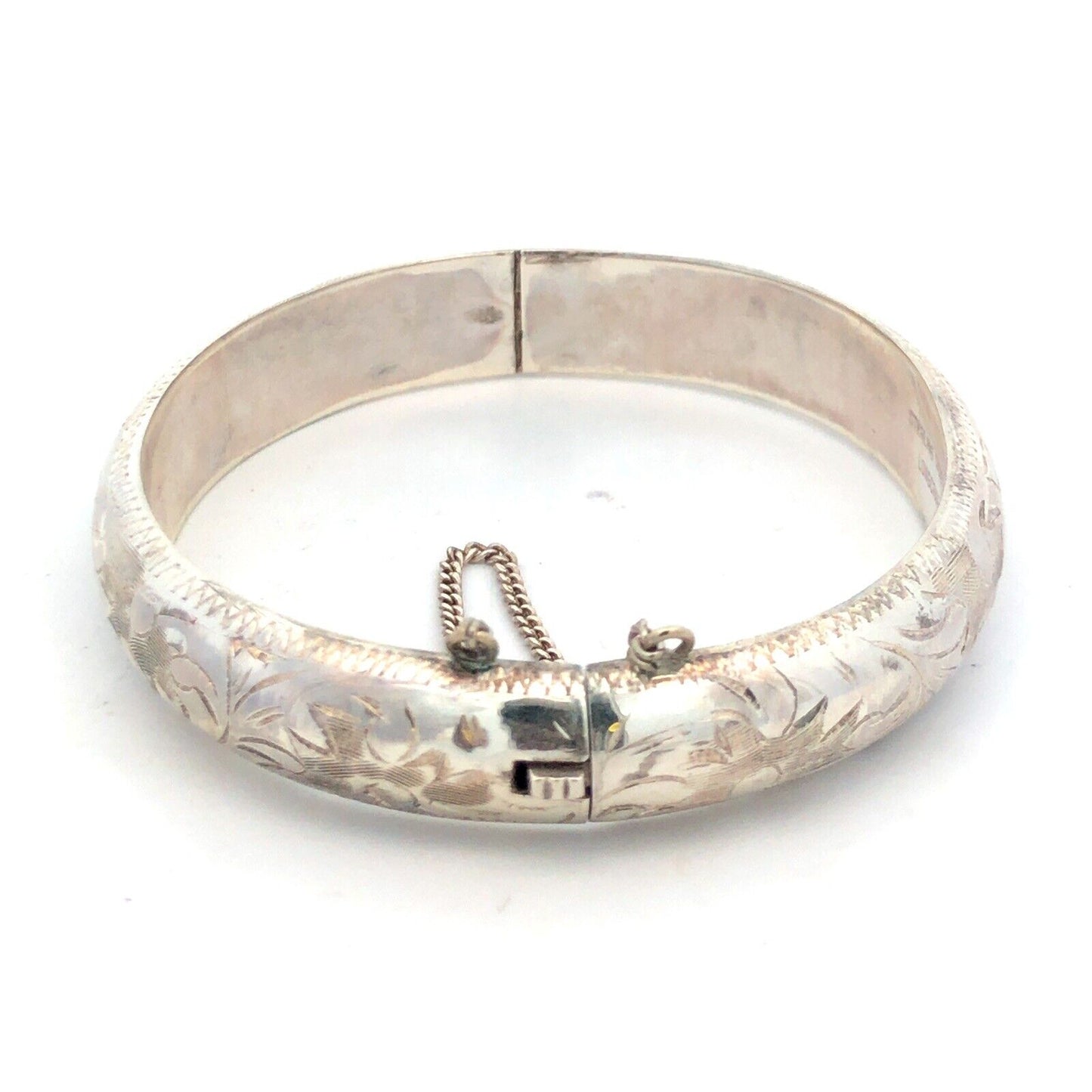 Vintage Longcraft 925 Sterling Silver Floral Scroll Etched Hinged Cuff Bracelet