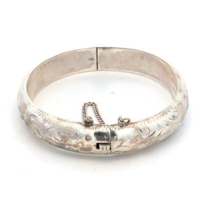 Vintage Longcraft 925 Sterling Silver Floral Scroll Etched Hinged Cuff Bracelet
