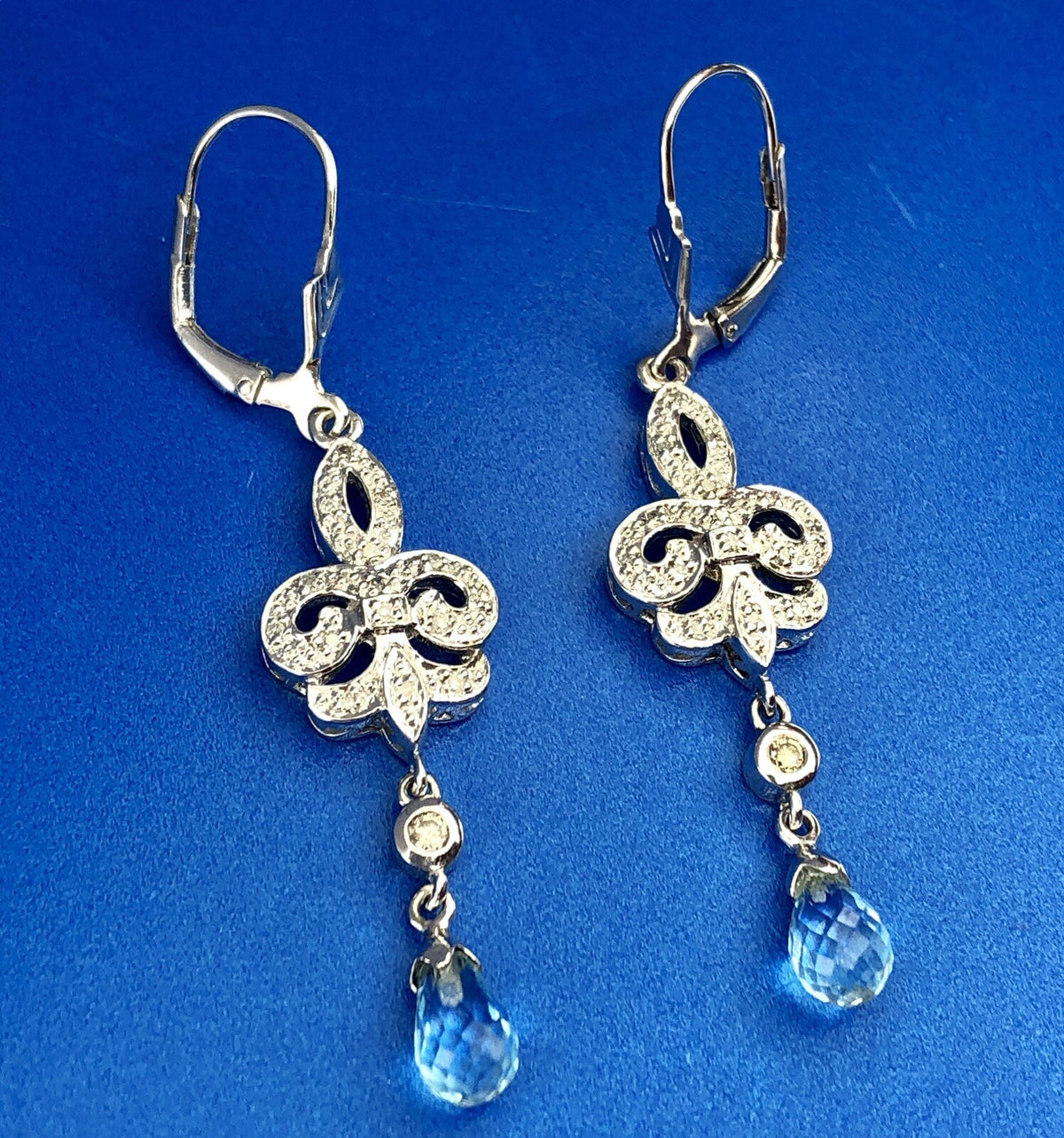 Designer EA Sterling Silver 925 Diamond Blue Topaz Fleur De Lis Drop Earrings