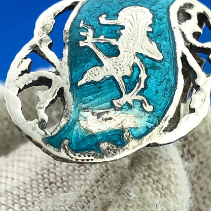 Antique Siam 925 Sterling Silver Aqua Enamel Nielloware Brooch Clip Earrings Set