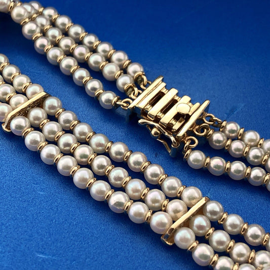 Vintage 14K Yellow Gold Cultured Pearl 3 Strand Bridal June Anniversary Bracelet