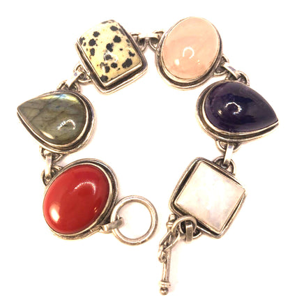 Multi Stone 925 Sterling Silver Chunky Statement Toggle Bracelet