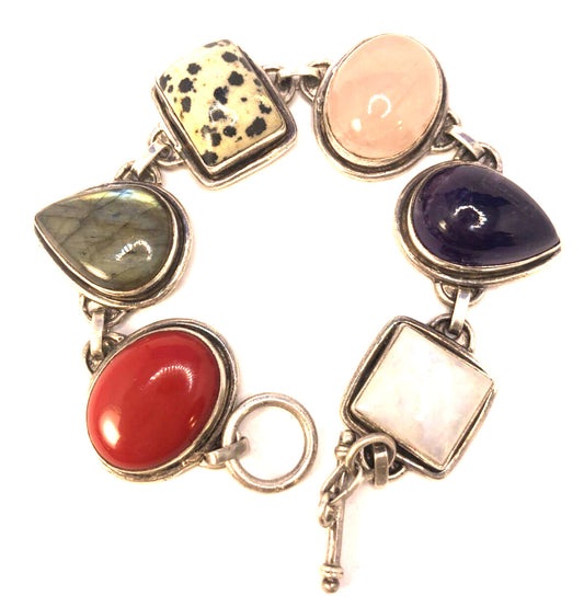 Multi Stone 925 Sterling Silver Chunky Statement Toggle Bracelet
