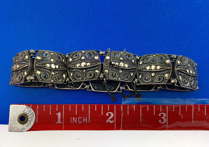 Art Deco Germany 925 Sterling Silver Marcasite Filigree Scroll Panel Bracelet