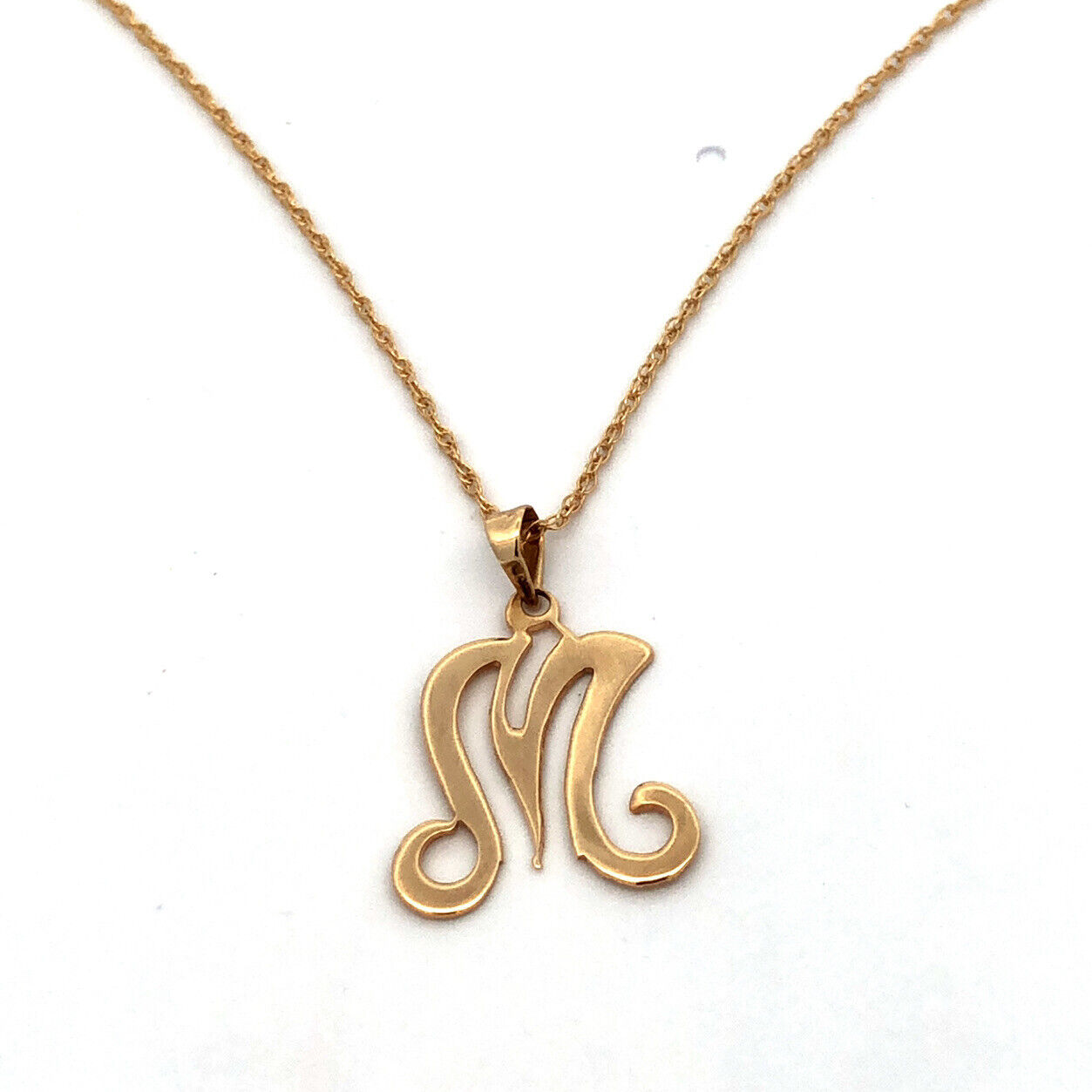 Designer 14K Yellow Gold Script M Initial Monogram Letter ID Pendant Necklace