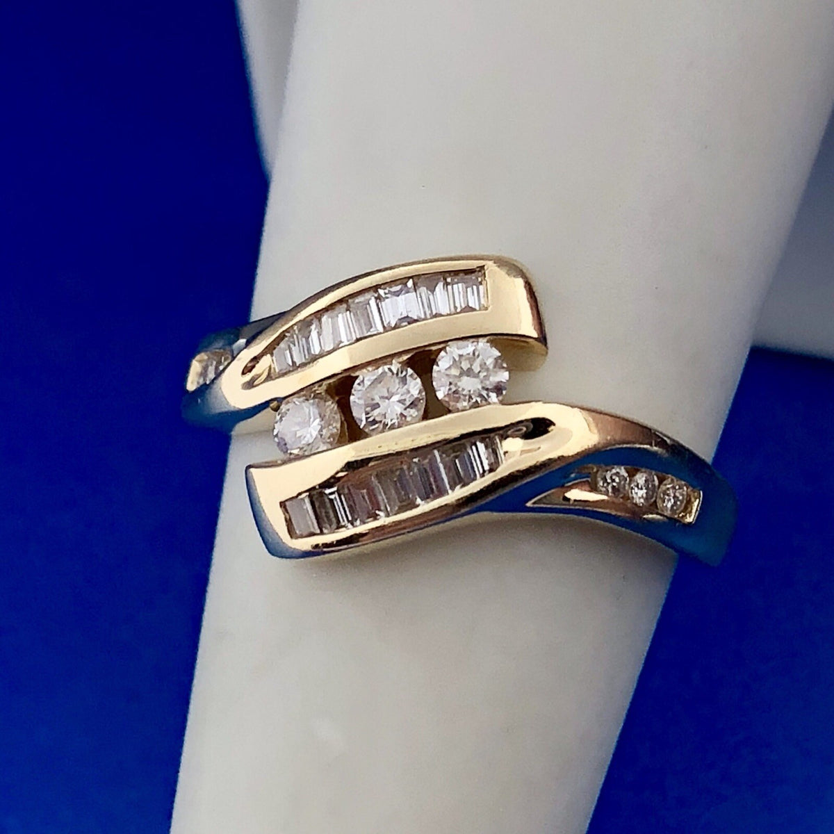 Retro Modernist 14K Yellow Gold Diamond Trio Accented Bypass Anniversary Ring