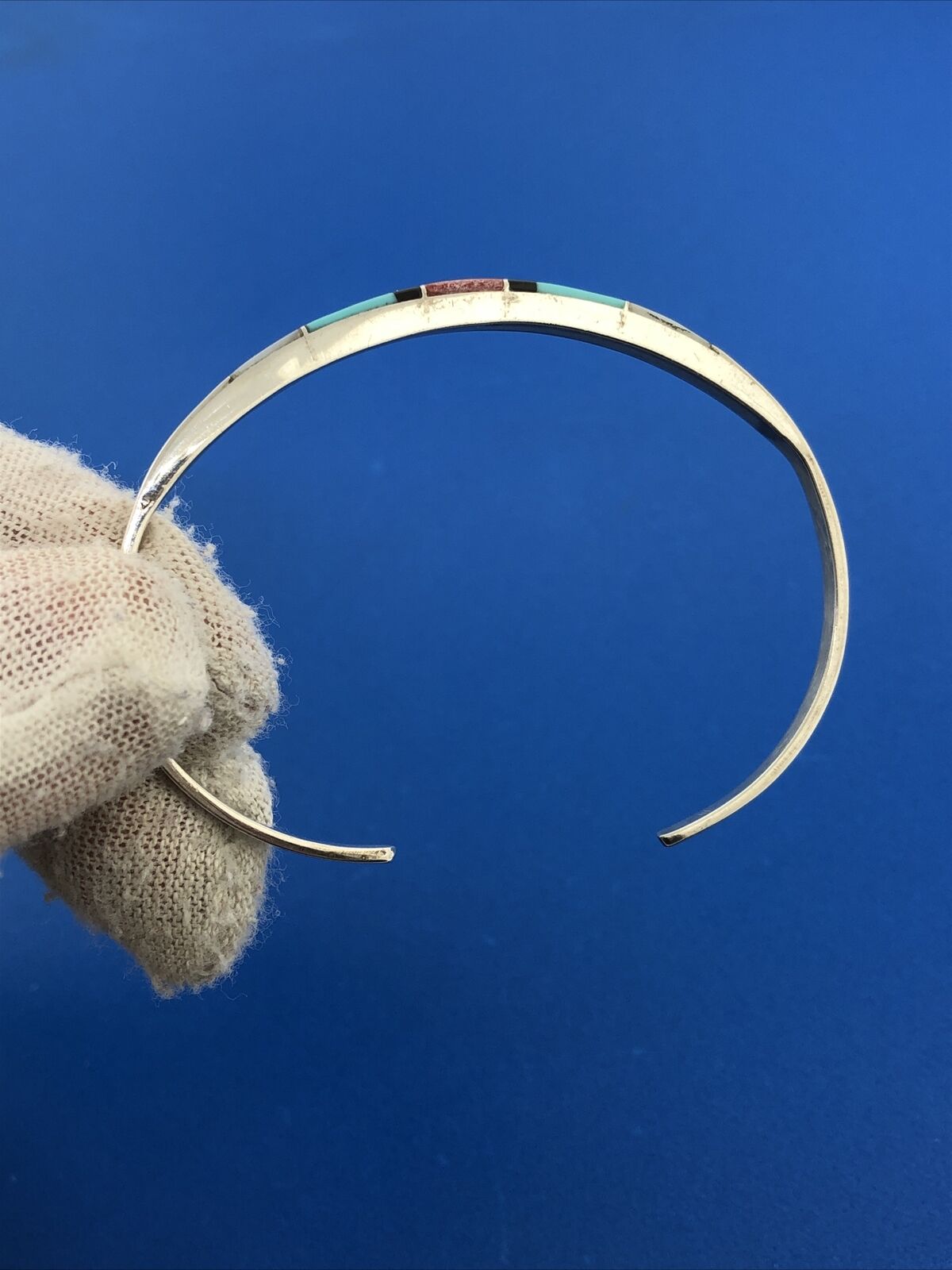 Native American PA 925 Sterling Silver Multi Gem Inlay Petite Cuff Bracelet