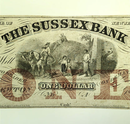 1850 $1 The Sussex Bank Newton New Jersey Obsolete Remainder Currency Note