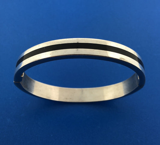 Designer FS 925 Sterling Silver Modern Black Onyx Inlay Hinged Cuff Bracelet