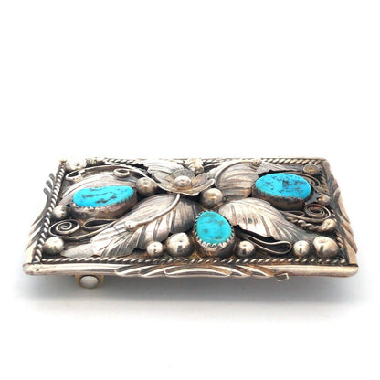 Native American Jameson Lee 925 Sterling Silver Turquoise Floral Belt Buckle