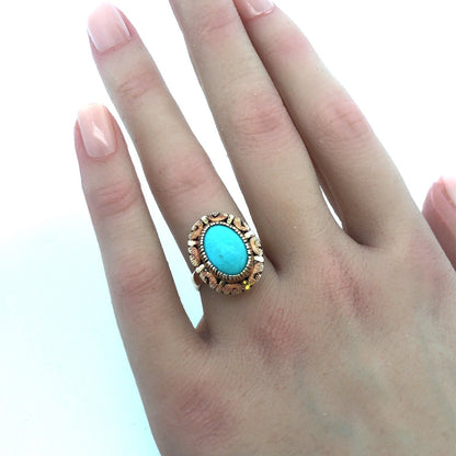Retro 10K Yellow Rose Gold Oval Robins Egg Turquoise Statement Cocktail Ring