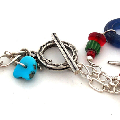 Native American 925 Sterling Silver Multistone Charm Statement Bracelet