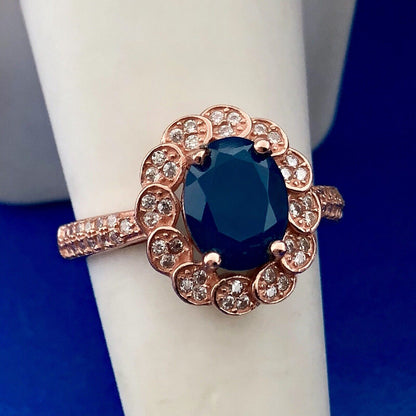 Strawberry Toned 925 Sterling Silver Oval Blue Cubic Zirconia White CZ Halo Ring