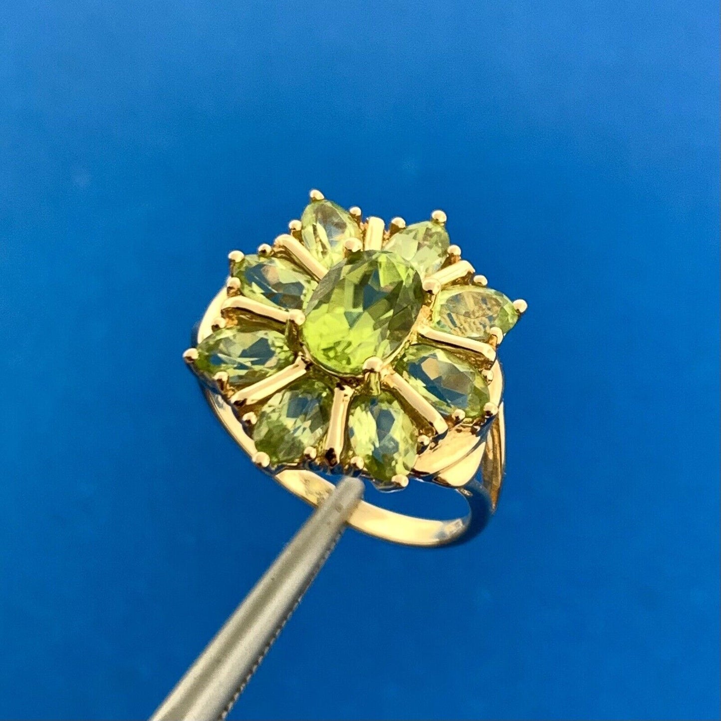 10K Yellow Gold Cluster Peridot Cocktail Statement Ring