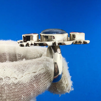 Lovely Sterling Silver 925 Blue Quartz Pink Crystal Floral Finger Ring Size 6.75