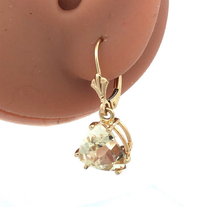 14K Yellow Gold Designer Trillion Honey Lemon Quartz  Leverback Dangle Earrings