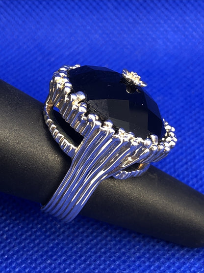 Designer Black Onyx 925 Sterling Silver Diamond Accent Dome Statement