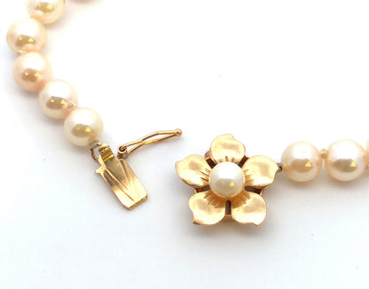 Designer 14K Yellow Gold Flower Clasp Hand Knotted Pearl Bead Bracelet