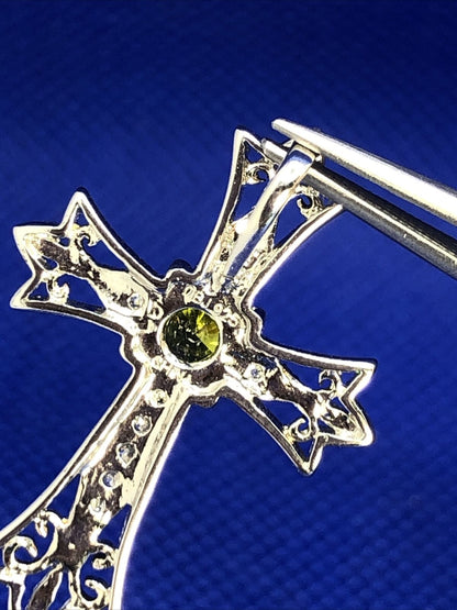 Designer DBI Green White Cubic Zirconia Sterling Silver Cross Statement Pendant