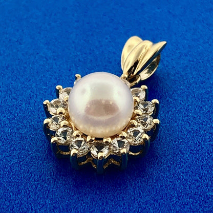10K Yellow Gold White Topaz Pearl Wedding Bridal June Anniversary Pendant