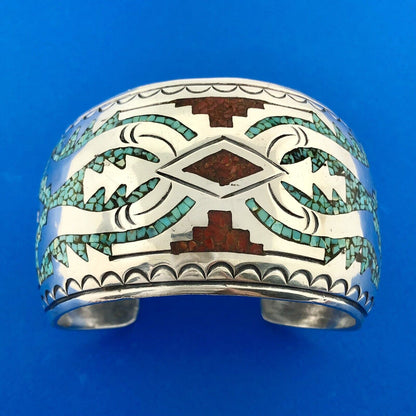 Native American Sterling Silver Turquoise Coral Inlay Storyteller Cuff Bracelet