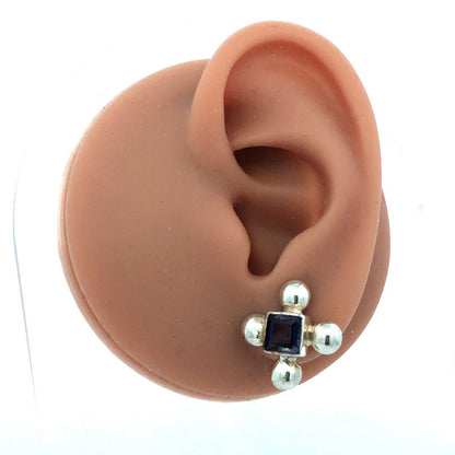Vintage 925 Sterling Silver Square Purple Amethyst Cross Stud Earrings