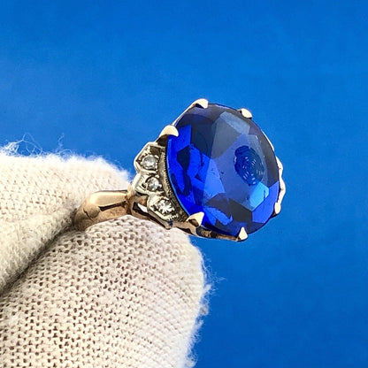 Retro 14K Yellow Gold Oval Blue Spinel Diamond Accented Statement Cocktail Ring