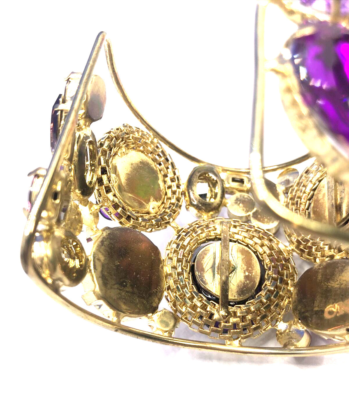 Designer Gold Tone Purple Cubic Zirconia Acrylic Statement Open Cuff Bracelet