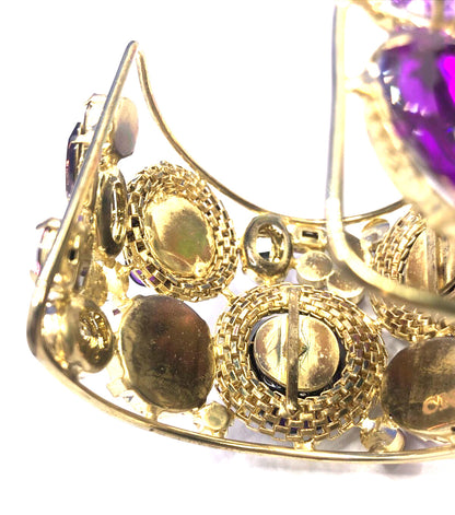 Designer Gold Tone Purple Cubic Zirconia Acrylic Statement Open Cuff Bracelet