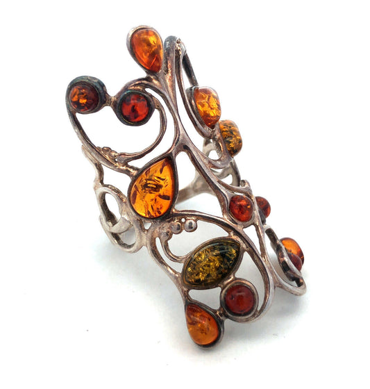 S6205Retro 925 Sterling Silver Mixed Amber Open Work Scroll Statement Finger Rin