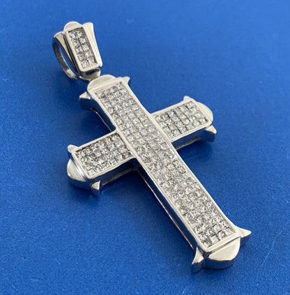 14K White Gold Princess Cut Diamond Statement Cross Pendant