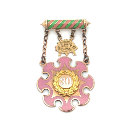 1937 10K Yellow Gold Pink Green Enamel 30 Year Eastern Star Service Award Pin