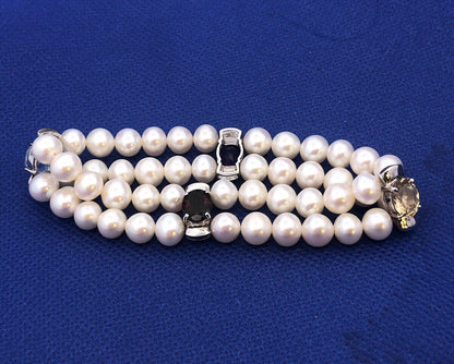 Vintage 925 Sterling Silver Blue Topaz Amethyst Garnet Pearl Beaded Bracelet