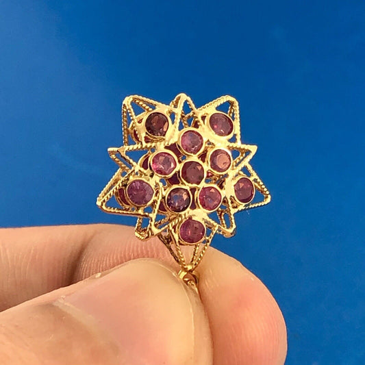 18K Yellow Gold Ruby Cluster Starburst Snowflake Flower July Charm Pendant