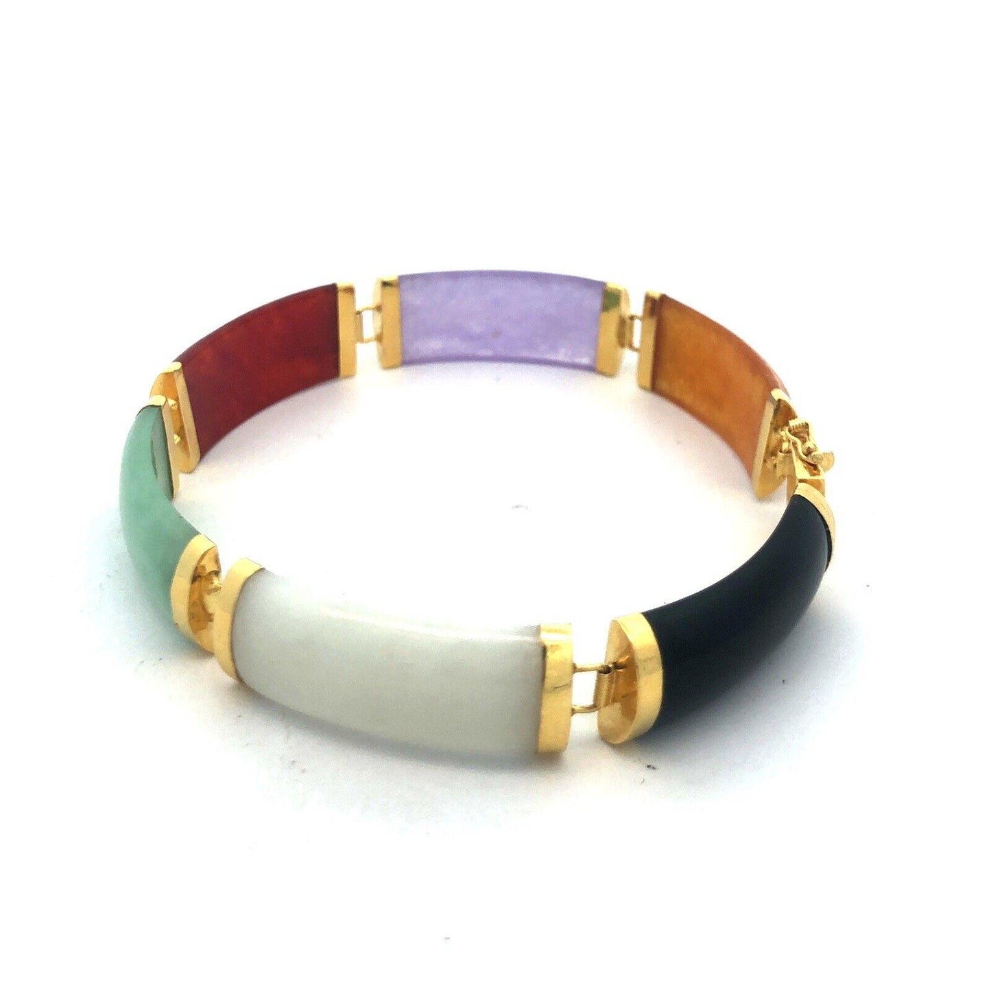 Estate 14K Yellow Gold Multi Gemstone Panel Chinese Good Luck Fortune Bracelet