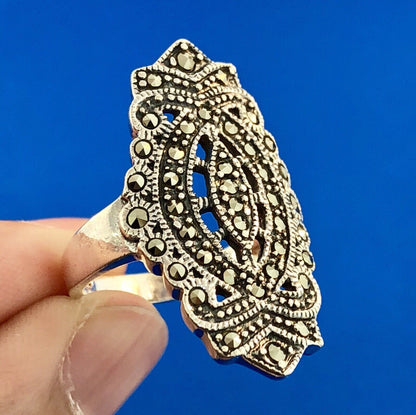Retro 925 Sterling Silver Marcasite Filigree Scroll Statement Cocktail Ring