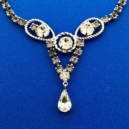 Vintage Silver Tone Rhinestone Choker Necklace Earrings Bridal Evening Set