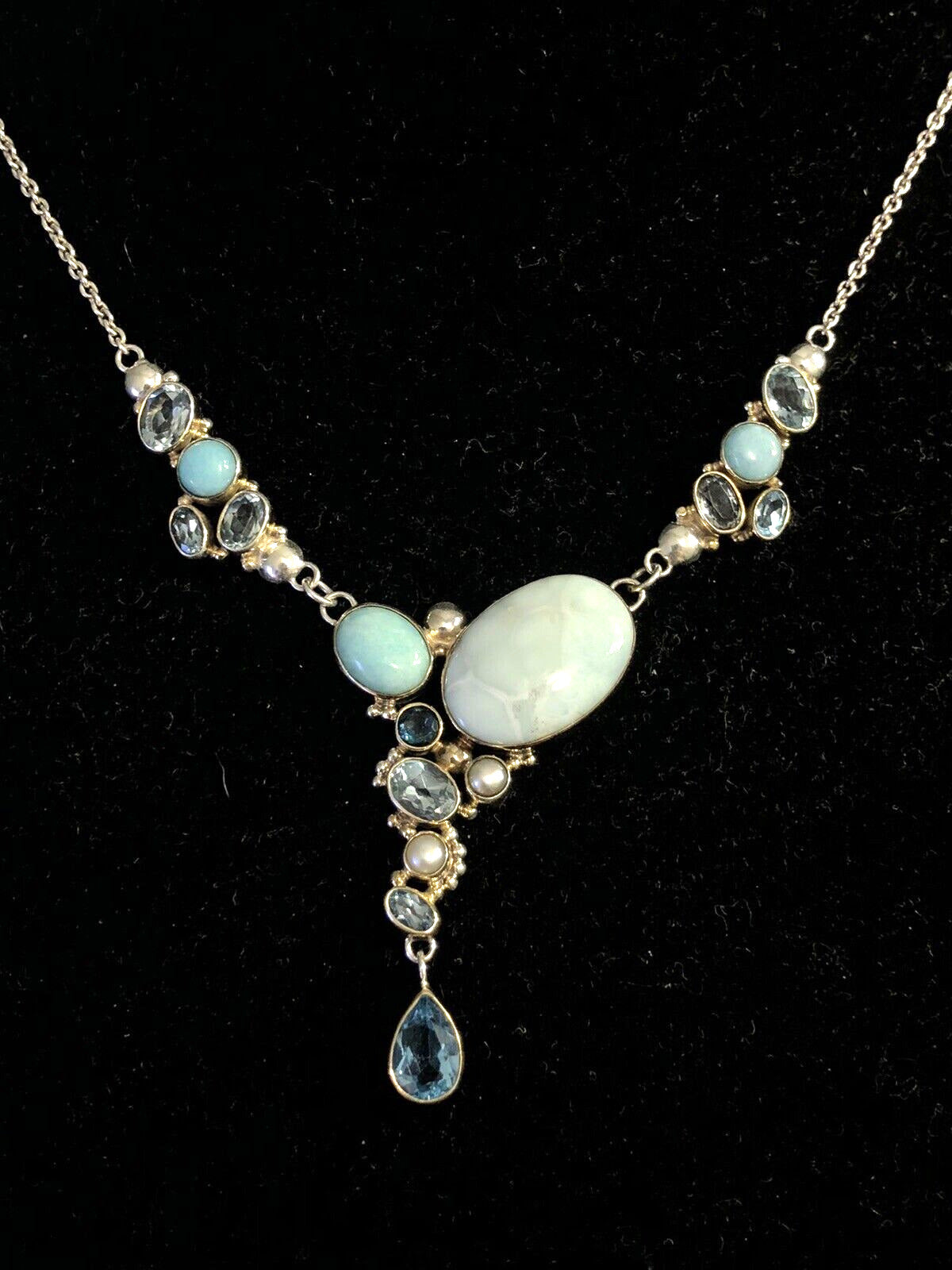 Designer Doug Paulus 925 Sterling Silver Blue Larimar Aquamarine Pearl  Necklace