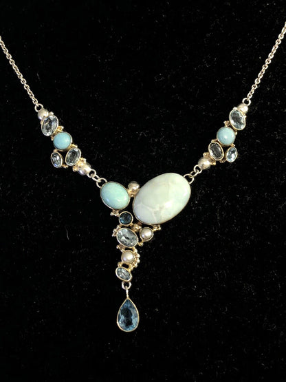Designer Doug Paulus 925 Sterling Silver Blue Larimar Aquamarine Pearl  Necklace
