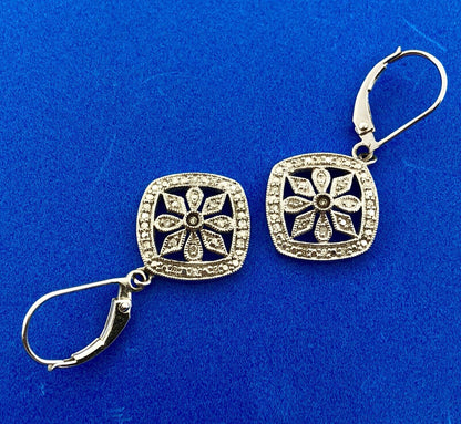 Designer Sterling Silver 925 Diamond Snowflake Flower Cluster Dangle Earrings