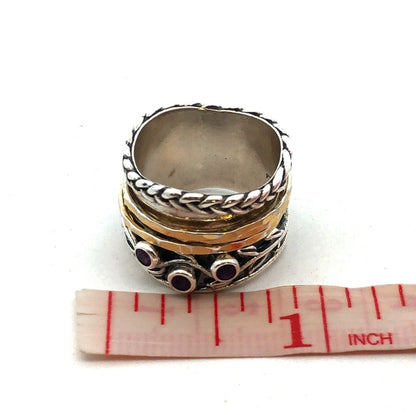 PAZ Creations 925 Sterling Silver Two Tone Amethyst Vine Wide Spinner Band Ring