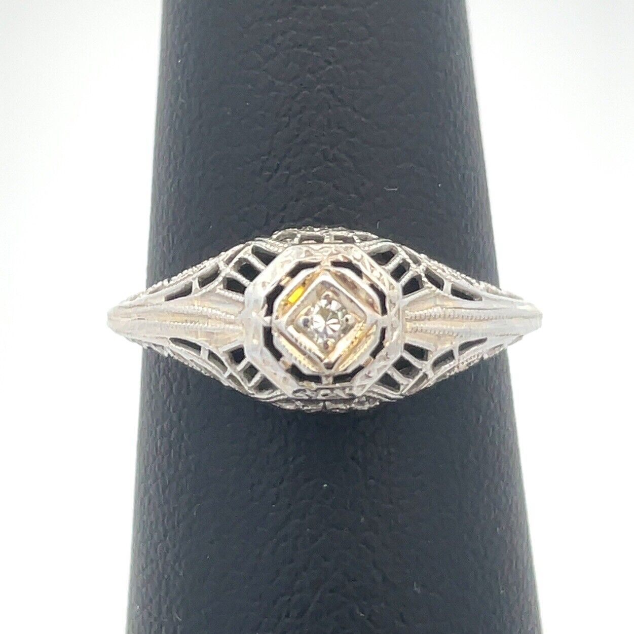 Vintage Designer Art Deco 18K White Gold Diamond Filigree Engagement Ring