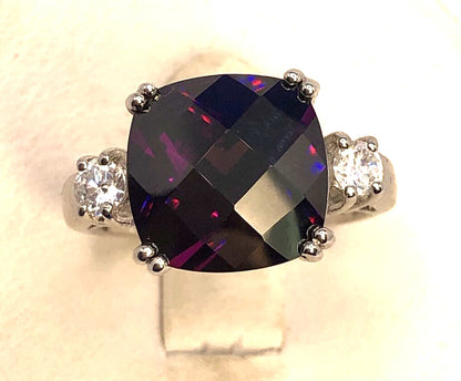 Designer 925 Sterling Silver Cushion Cut Amethyst & Cubic Zirconia Cocktail Ring