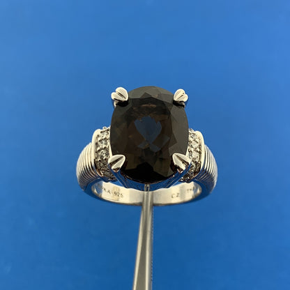 Judith Ripka 925 Sterling Silver Oval Smoky Quartz Cubic Zirconia Accented Ring
